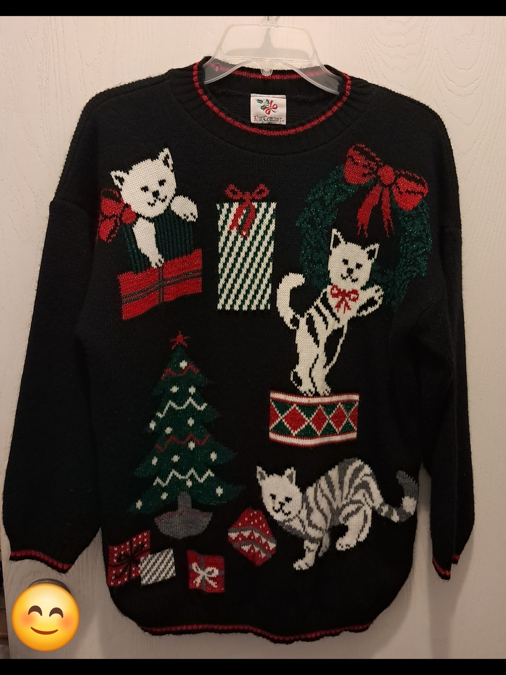 Black Holiday Cat Knit Sweater with Festive Motifs